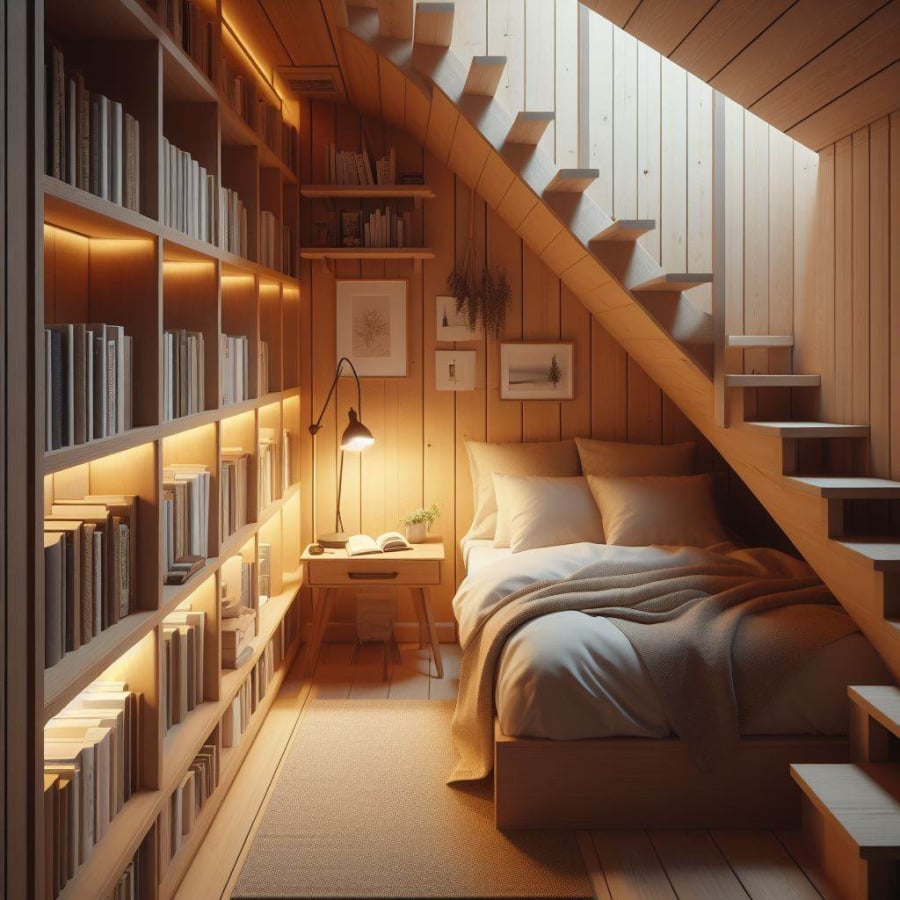 Đặt giường dưới cầu thang không thuận lợi do không gian chật hẹp và khí không lưu thông